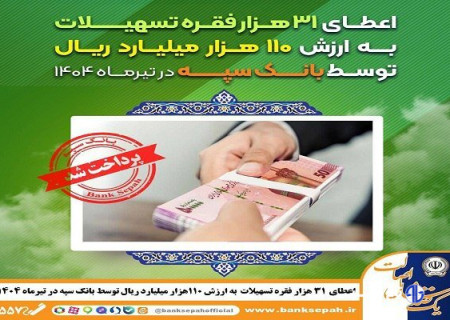 اعطای ۳۱ هزار فقره تسهیلات به ارزش ۱۱۰ هزار میلیارد ریال توسط بانک سپه
