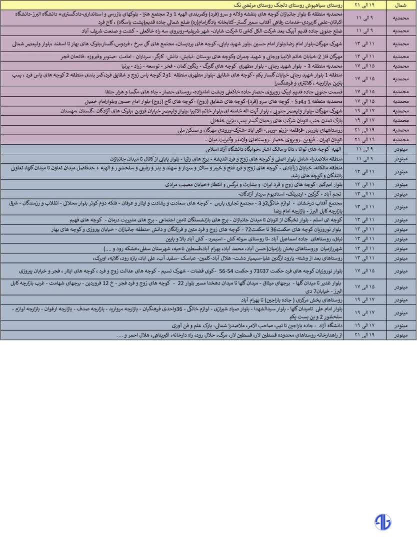 جدول خاموشی برق استان قزوین