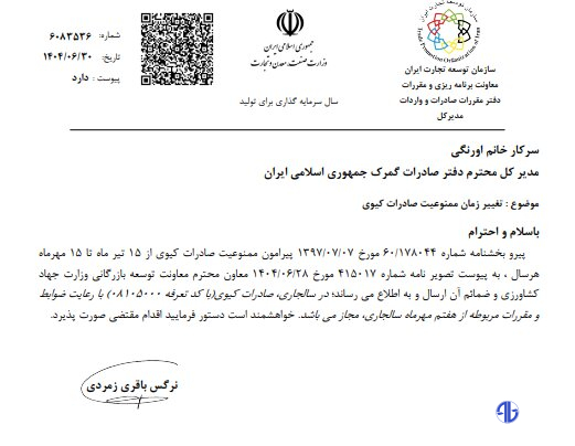 صادرات کیوی از ۷ مهر آزاد می‌شود